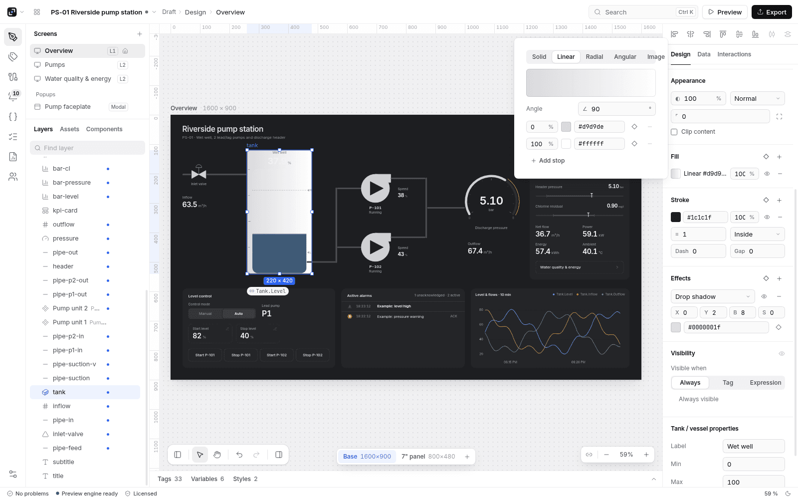 Gradient fill editor in the LinkView Studio inspector